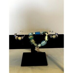 Avon Blue Sea Life Glass Bead/Silver Stretch Bracelet and Matching Oval Drop Hoo